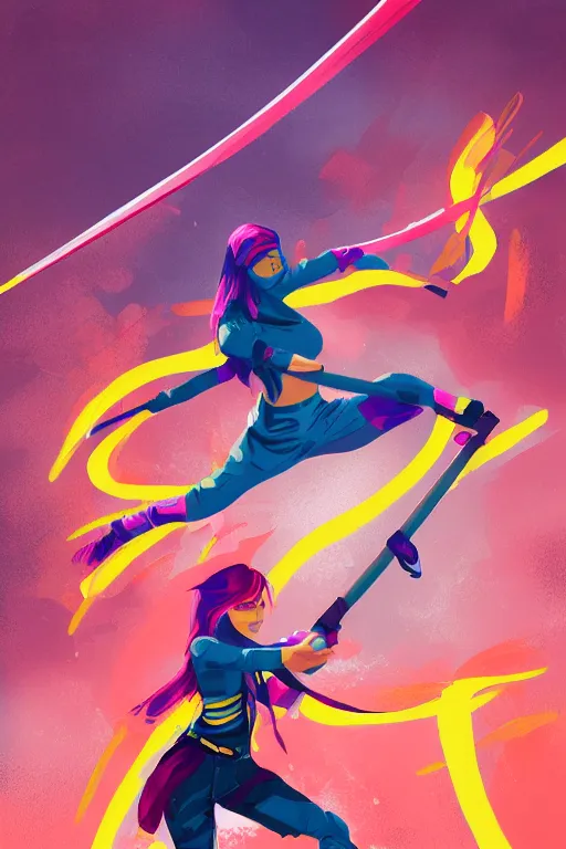 Image similar to female ninja warrior, colorful clothes, wielding short katana, wind in the hair, overcast weather, digital painting, trending on artstation