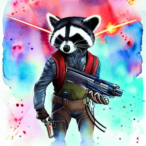 Image similar to racoon holding a laser gun, guardians of the galaxy style, centered award winning watercolor pen illustration, by caroline choi, edited by range murata