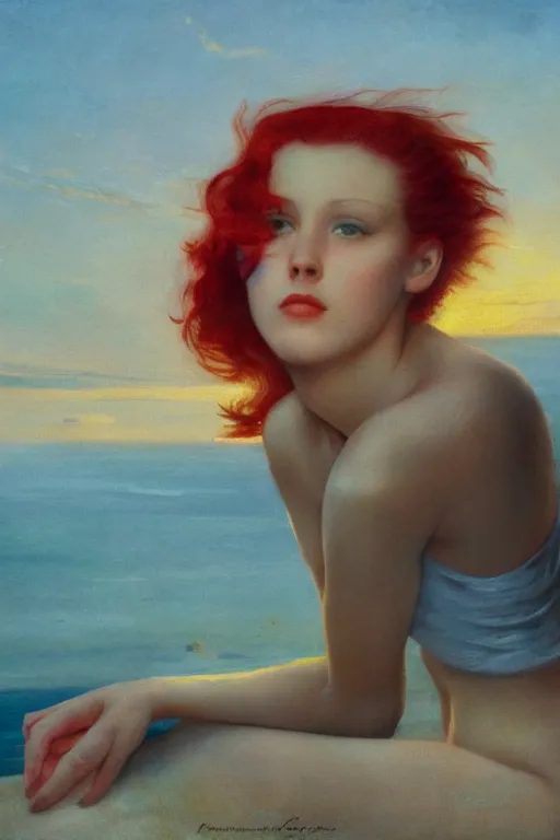 Prompt: a red haired young girl beach surreal, sunrise, dramatic light, vittorio matteo corcos