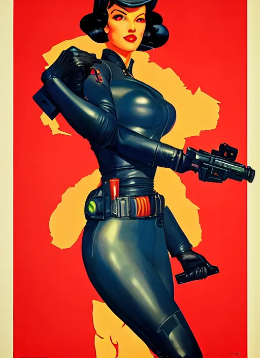 Prompt: american propaganda poster. cyberpunk femme fatale. portrait by jean giraud and anton otto fischer and john philip falter and will eisner and gil elvgren. realistic proportions. tf 2, overwatch.