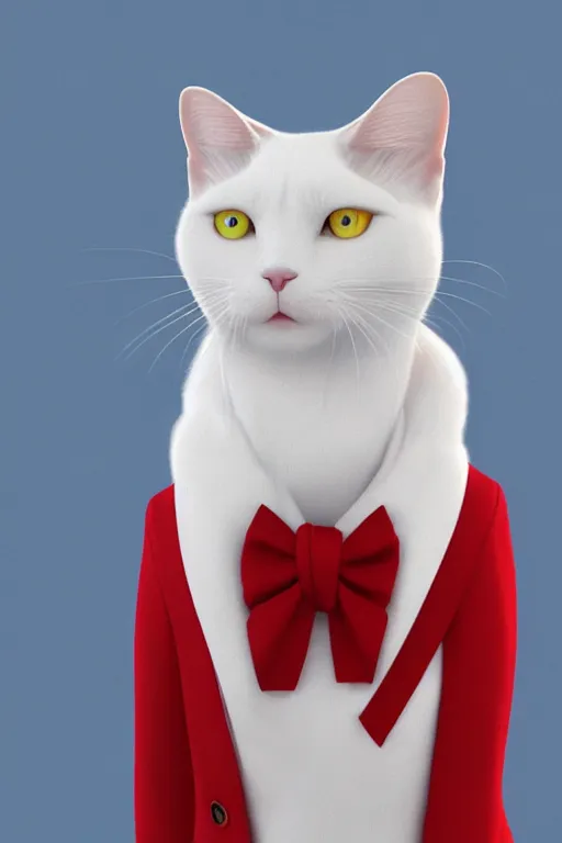 Image similar to a white cat with blue eyes wearing a red formal overcoat, hyperrealistic, concept art, octane render, unreal engine 5, realistic and defined face, profile picture, digital art, pixar and disney style, symmetrical, high quality, highly detailed, high coherence, path traced, house background, low contrast, beautiful, elegant clothes