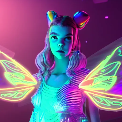 Prompt: neon fluorescent, iridescent older anya taylor - joy with fairy wings cyperpunk 2 0 7 7, unreal engine 5, 8 k ultra realistic, hyperdetailed, volumetric lighting, extremely high quality
