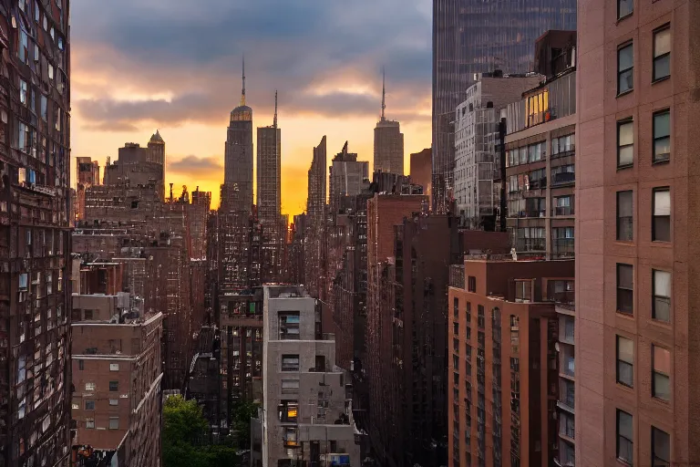 Image similar to photograph looking out of an apartment window in manhattan new york city, sunrise!! dawn, early morning light, cinematic, epic scene, volumetric light, highly detailed, 50mm, f8, fujifilm, Daniel Kordan, Flickr, 500px,