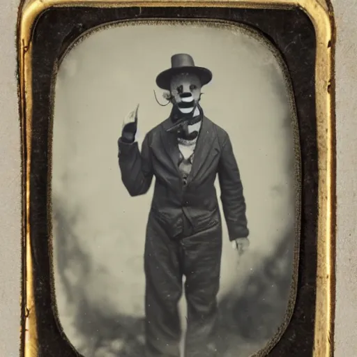 Image similar to tintype photo of a clown standing at the entrance to a cave