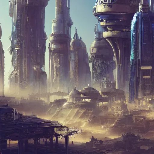 Prompt: An advanced high tech Sci fi bustling steampunk city with flying air ships over it and tall glass buildings located in a sand desert, bright sunny day blue sky, digital painting, artstation, matte painting, highly detailed, intricate, concept art, game art, octane render, 8k, unreal engine