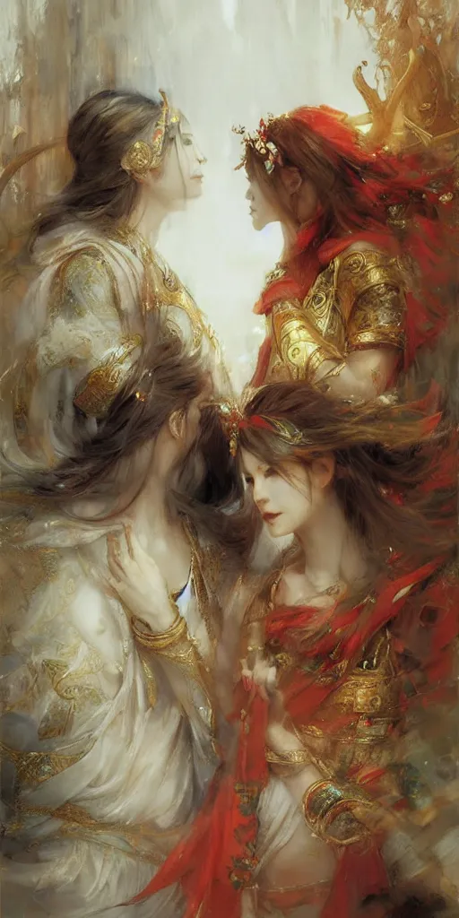 Image similar to greeting card, love, 2 beautiful royal gods, by ruan jia, warm colors, cozy