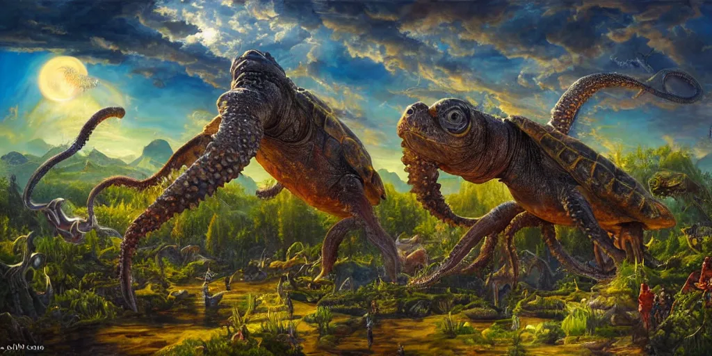 Image similar to fantasy oil painting, great leviathan, cybernetic turtle cephalopod terrapin reptilian pachyderm squid, bella hadid, milla jovovich, anubis, hybrid, epic natural light, lush plants flowers, spectacular mountains, bright clouds, luminous sky, outer worlds, golden hour, michael cheval, edward hopper, michael whelan, vray, hd