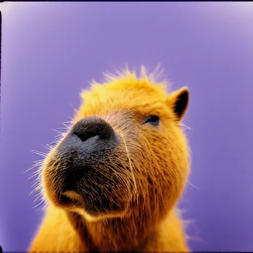 Prompt: 3 5 mm film photo of capybara smoking a cigarette wearing a purple wig