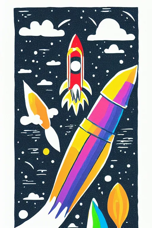 Image similar to mcbess illustration of a rocket ship , rainbow gouache