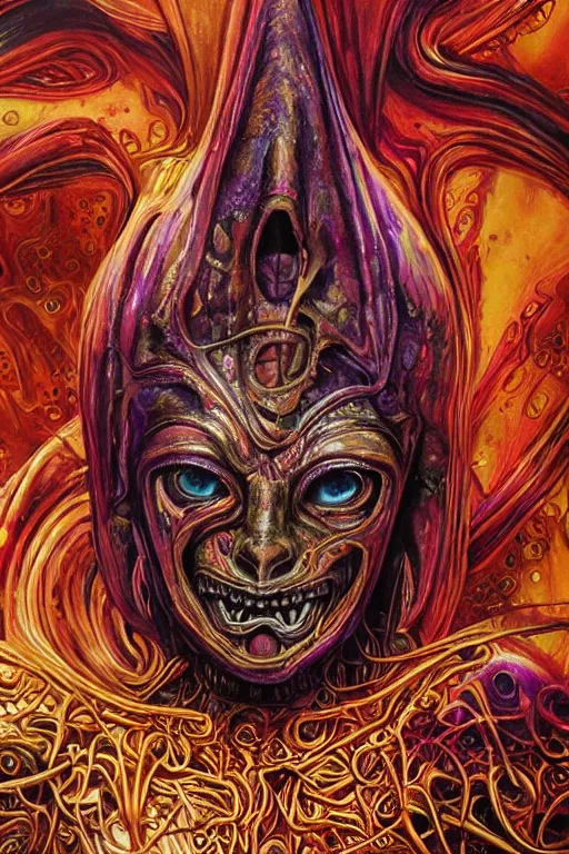 Prompt: Elden Ring and psychedelic themed painting of majestic chromatic biomechanical anatomical human demon Anubis pharaoh ceremonial bloodstained mask closeup face, golden ratio concept, Neo-Gothic concept, infinity hieroglyph waves, intricate artwork masterpiece, very coherent artwork, cinematic, full frontal facial features by Artgerm, art by H.R. Giger, Joseph Michael Linsner, Alex Grey, Johnatan Wayshak, Moebius, Ayami Kojima, very anatomically coherent artwork, trending on cgsociety, ultra high quality model, production quality cinema model, high detail chromatic ink outline, octane render, unreal engine 8k, hyper realism, high detail, octane render, unreal engine, 8k, High contrast