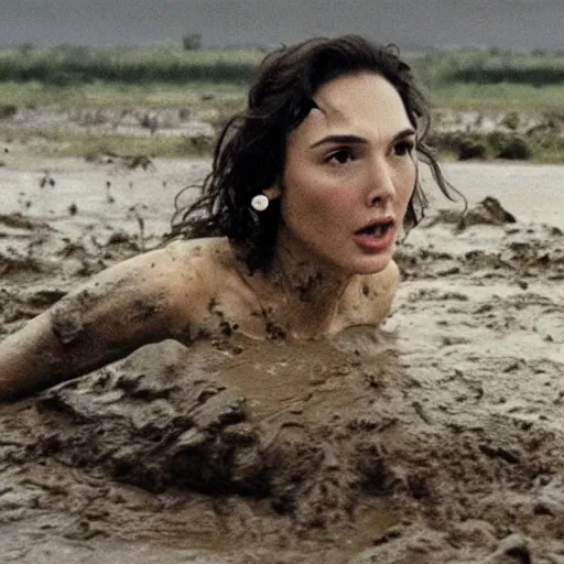 Prompt: film still, close up, gal gadot rising out of muddy vietnam river, face covered in mud, low camera angle at water level, night time, film still from apocalypse now ( 1 9 7 9 ), 2 6 mm.