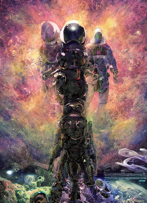 Image similar to astronauts in the dark infinite underwater void - complex and hyperdetailed technical suit, fabric material. reflection and dispersion materials. rays and dispersion of light. volumetric light. wide angle, f / 3 2. noise film photo. flash photography. ultra realistic, wide angle. poster by wayne barlowe, hajime sorayama aaron horkey, craig mullins