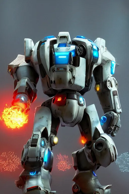 Image similar to mechwarrior 5 : mercenaries mech megaman transformer robot boss tank engine game octane render, 4 k, hd 2 0 2 2 3 d cgi rtx hdr style chrome reflexion glow fanart, global illumination ray tracing hdr fanart arstation by ian pesty by jesper ejsing pixar and disney unreal zbrush central hardmesh