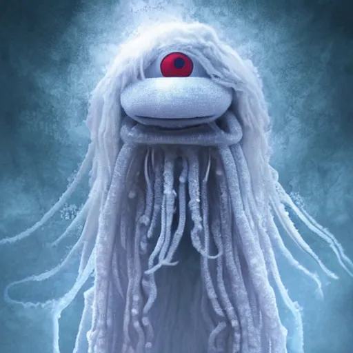 Image similar to a fluffy humanoid ethereal ghost like live action muppet wraith like figure with a squid like parasite taking over its head and four long tentacles for arms that flow gracefully at its sides like a cloak while it floats around a frozen rocky lake in the middle of the frozen woods searching for lost souls and that hides amongst the shadows in the trees, this character can control the ice and snow and has mastery of the shadows, it is known as the bringer of nightmares and the ruler of endless night terrors, it is a real muppet by sesame street, photo realistic, real, realistic, felt, stopmotion, photography, sesame street