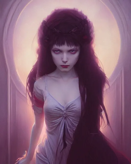 Image similar to highly detailed vfx portrait of a beautiful vampire girl, wonderful eyes, three - dimensional rendering, unreal engine, alexey gurylev, greg rutkowski, loish, rads, beeple, makoto shinkai and lois van baerle, rossdraws, tom bagshaw, alphonse mucha, global lighting, detailed and complex environment