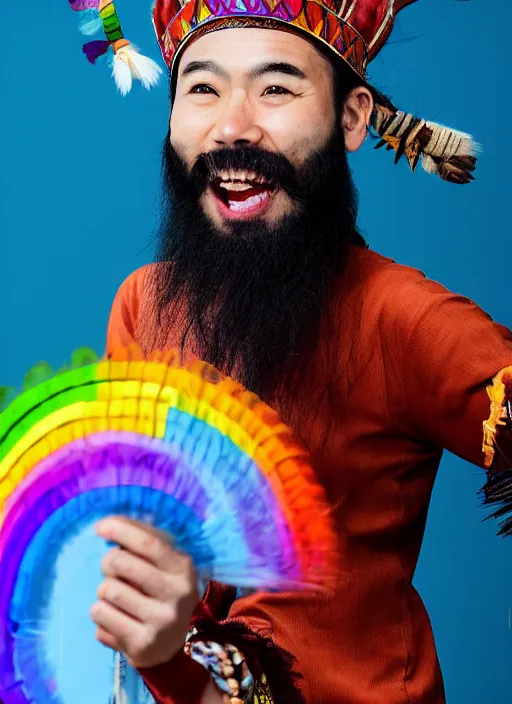 Image similar to japanese man with short hair and a beard wearing a native indian outfit, dancing next to a rainbow, full body portrait, dynamic lighting