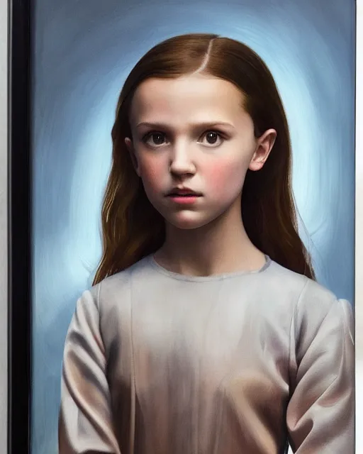 Image similar to a window - lit realistic portrait painting of a thoughtful girl resembling a young, shy, redheaded alicia vikander or millie bobby brown wearing a futuristic reflective spacesuit by a spaceship porthole, highly detailed, intricate, by vermeer