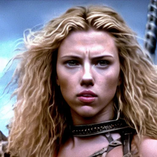 Prompt: epic photo of muscular scarlett johansson as beautiful barbarian warrior queen with long curly blonde hair, battle scene with a thousand warriors behind her in the background, sweaty, detailed eyes, neutral expression, shallow depth of field, photorealistic, cinematic lighting, lovely bokeh, warm colours, dusk, movie quality, conan the destroyer 1 9 8 5, movie still, cinemascope