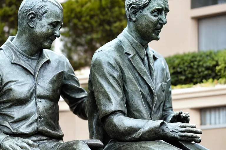 Prompt: a man who is sitting upright in a chair is touching a completed statue