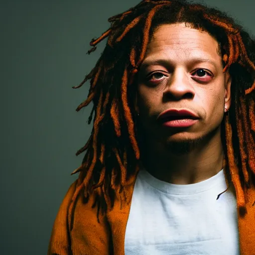 Image similar to a studio photograph of Trippie Redd, portrait, 40mm lens, shallow depth of field, close up, split lighting, cinematic