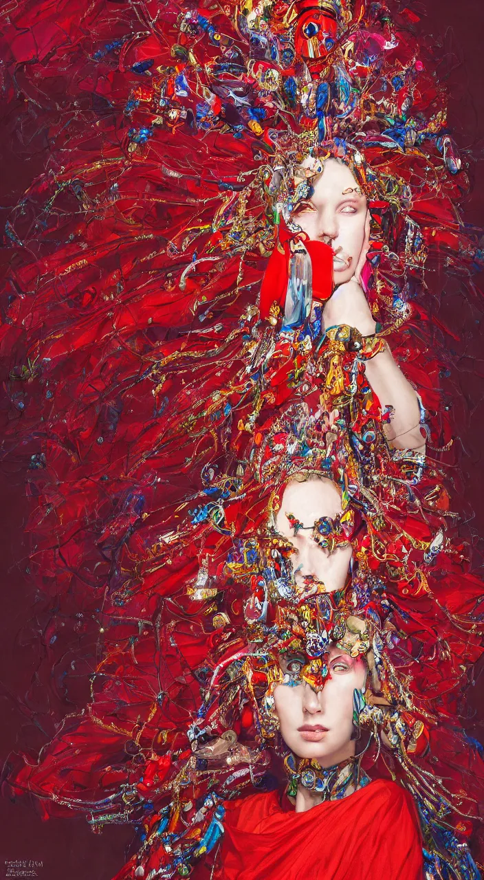 Image similar to a female character design wearing high fashion, beads hanging over her face like an alexander mcqueen headdress, costume by eiko ishioka, haute couture, dior, and a red cape by moebius, steven outram, colourful and psychedelic, hd, 8 k, artstation, high quality, ultra detailed