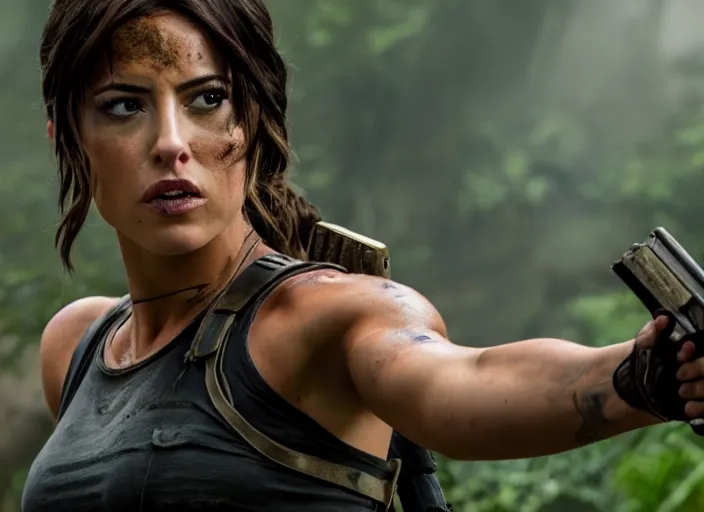 Image similar to film still of!!!! chloe bennett!!! as lara croft in new tomb raider movie, 8 k