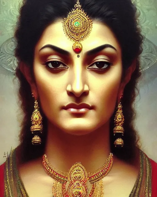 Image similar to Sushmita Sen as a beautiful Hindu Goddess, gorgeous, portrait, Symmetrical, powerful, intricate, beautiful, masterpiece, elegant, volumetric lighting, highly detailed, digital painting, hyper-realistic, artstation, sharp focus, no blur, illustration, William-Adolphe Bouguereau , ruan jia