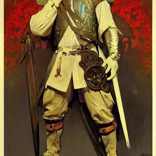 Image similar to An orc noble male musketeer, digital art, Greg rutkowski, Alphonse Mucha, Italian futurism cca 1938