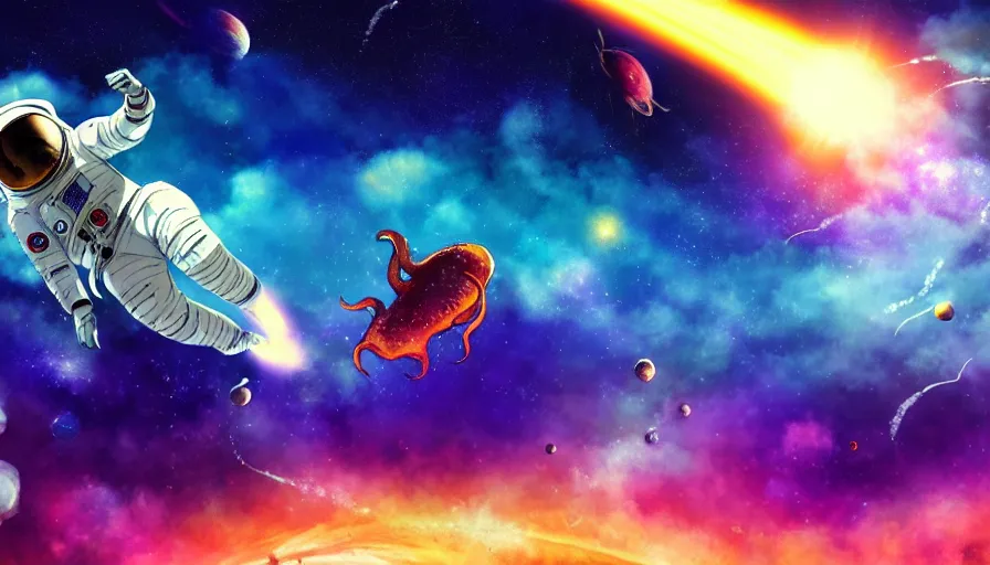 Prompt: incredible wide screenshot, ultrawide, simple watercolor, rough paper texture, anime movie scene, backlit distant shot of astronaut riding on a huge squid swimming through space, colorful background, planets, space dust, lens flare.