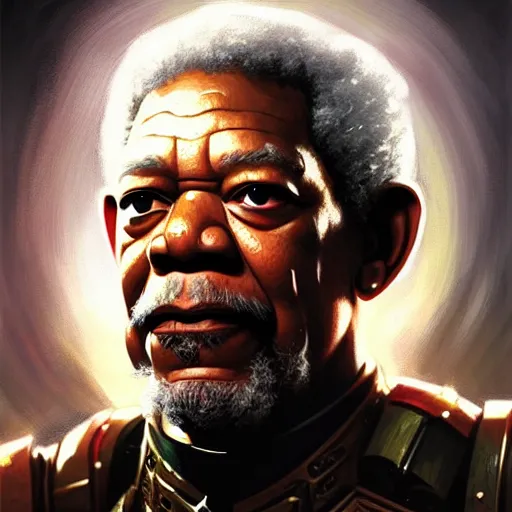 Prompt: portrait of warhammer 4 0 k morgan freeman, intricate, headshot, highly detailed, digital painting, artstation, concept art, sharp focus, cinematic lighting, illustration, art by artgerm and greg rutkowski, alphonse mucha, cgsociety