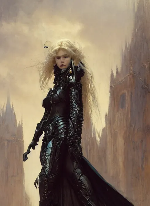 Image similar to young blonde vampire woman wearing black medieval armour, by gaston bussiere, bayard wu, greg rutkowski, giger, maxim verehin, greg rutkowski, masterpiece, sharp focus, cinematic lightning