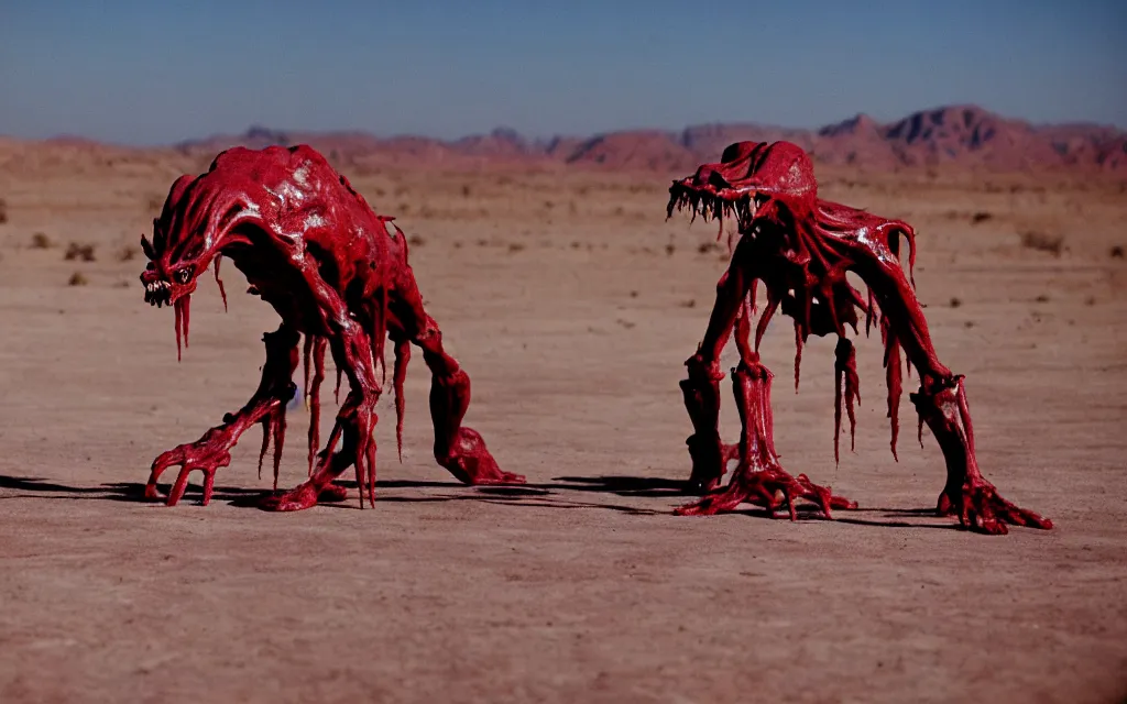 Image similar to in the desert a bloody gross horrifying The Thing creature made of muscle and bone and blood stares at the camera, eating, it walks on two legs, mid day, 35mm photography, realistic,