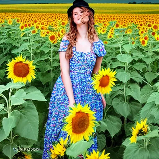 Image similar to a beautiful farm girl in a field of sunflowers, beautiful day, by hans zatzka