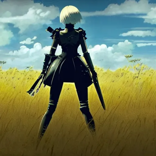 Image similar to a high resolution image from nier : automata, featuring 9 s android fighting an armoured vehicles column in yellow rye field under pure blue skies