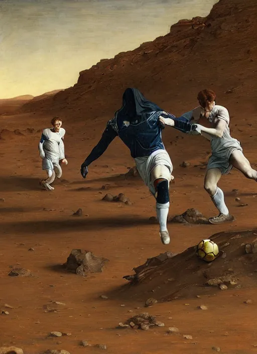 Image similar to a soccer match on mars by edgar maxence and caravaggio and michael whelan and delacroix style, artistic, intricate painting, cinematic lighting, hyper realistic, extremely detailed, establishing shot, 8 k resolution, dramatic lighting