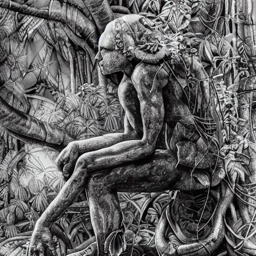 Image similar to botanical sketch of The thinker sculpture with a mechanical/cybernetic head, mushrooms and peyote at the base, surrounded by a lush jungle and vines, high detail, b&w,