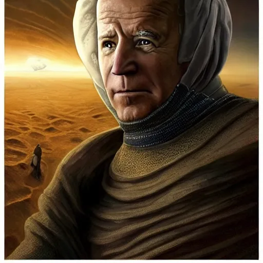 Image similar to joe biden as a photorealistic fremen Dune, shai hulud, freman, shai-hulud, artstation hall of fame gallery, editors choice, #1 digital painting of all time, most beautiful image ever created, emotionally evocative, greatest art ever made, magnum opus masterpiece, movie poster, 4k, highly detailed, cinematic lighting