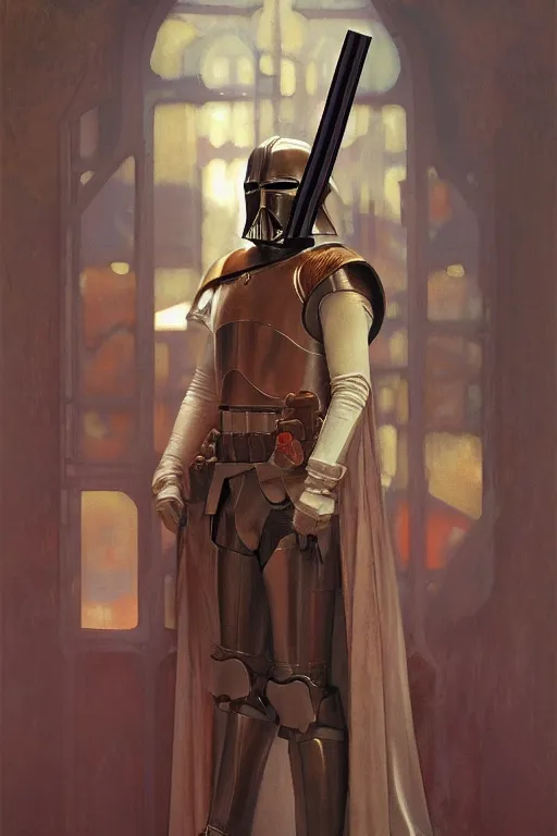 Image similar to a full body fantasy portrait oil painting illustration of a medieval knight by Justin Sweet and Greg Rutkowski and Alphonse Mucha with face and body clearly visible, Star Wars, sith, forgotten realms, artstation trending, high quality, sombre mood, artstation trending, muted colours, no crop, entire character!,