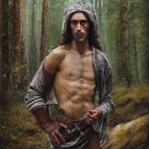 Image similar to slavic dog head man, woolen torso in medieval clothes, hiding in the forest, orthodox saint christopher, art by luis royo, oil painting, painting by viktor vasnetsov, concept art, hyperrealism, beautiful, high resolution, trending on artstation,