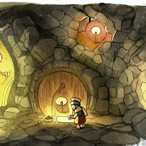 Image similar to dwarf mining for gold in a sparkling dark cave, from ghibli studio, watercolor illustration for book