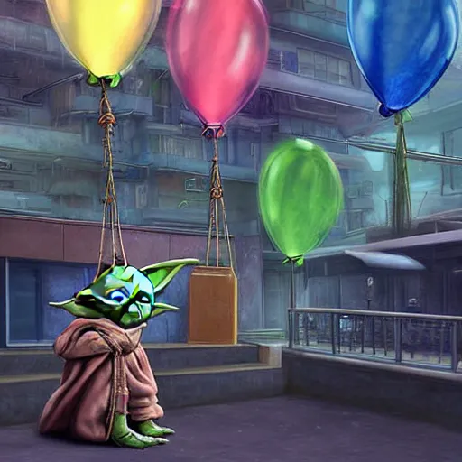 Image similar to masterful digital art, eye - level view, medium - shot, baby yoda is at the busy school playground in a cyberpunk city. baby yoda smiles and plays on a swing set. golden hour. realism, detailed, depth, chiaroscuro, limited color palette. in the background some balloons float in the sky. mandalorian ( tv ).