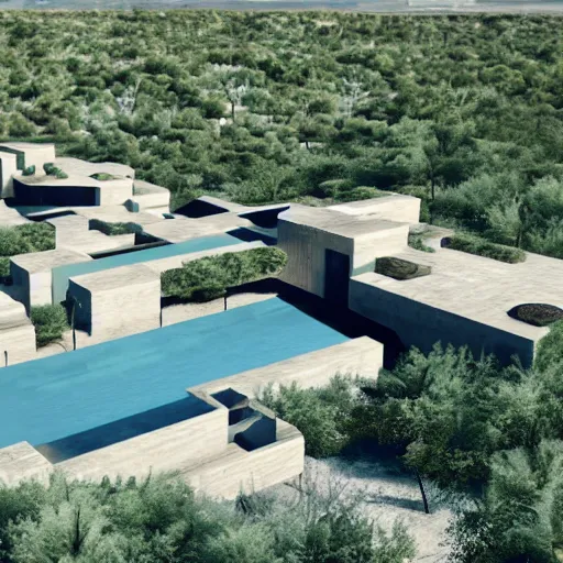 Image similar to architectural rendering of brutalism habitat 6 7 in the desert, biophilia style, pool, garden