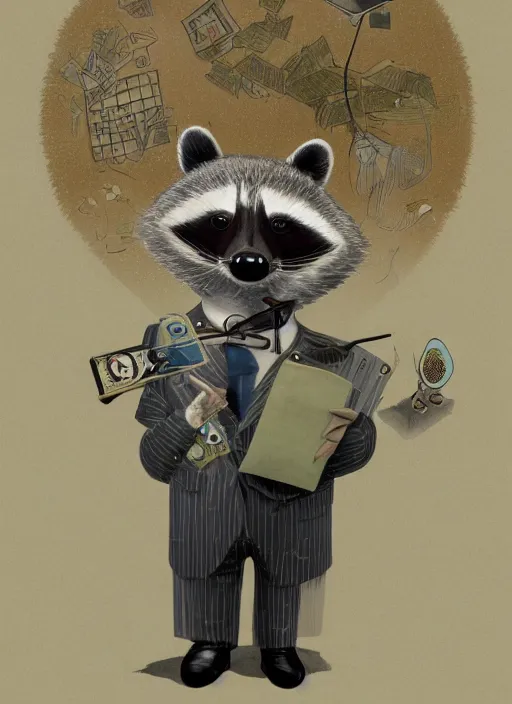 Image similar to a surreal illustration portrait of an anthropomorphic raccoon accountant, by victo ngai, by stephen gammell, by george ault, in the style of animal crossing, artstation