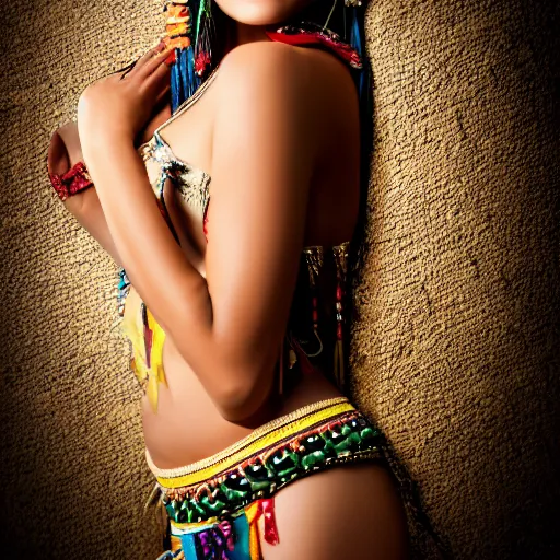 Image similar to studio photo of an aztec glamour supermodel, gorgeous professional ancient aztec female model, bokeh