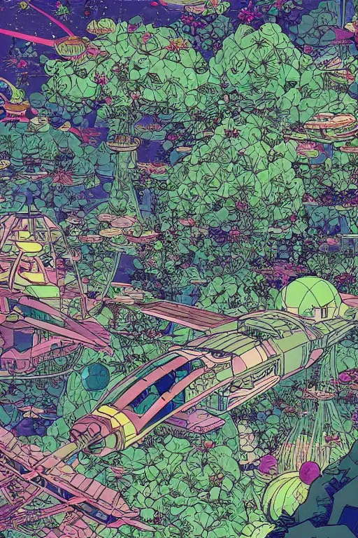 Image similar to multi level botanical garden spaceship floating in space, calm, tranquil, faded effect, detailed, vaporwave colors, by geof darrow, geof darrow art,