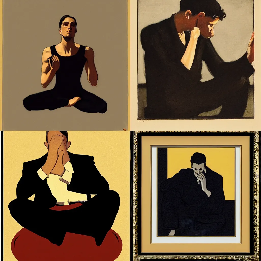 Prompt: man in black, meditating pose, in new york city view, leyendecker style