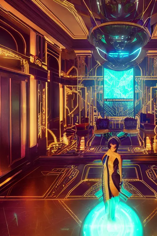 Image similar to a cyberpunk lavish party in a mansion from the great gatsby in the world of tron, flash photography, raytracing, 8 k, octane render, volumetric, vivid, beautiful, hyperrealism