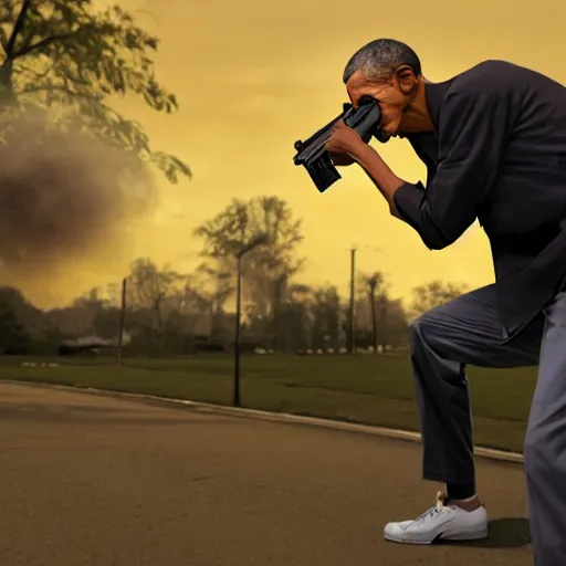 Image similar to angry barack obama shooting and terrorizing people in the hood, 8k resolution, full HD, cinematic lighting, award winning, anatomically correct