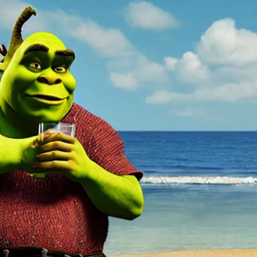 Image similar to shrek drinking alcohol on a beach