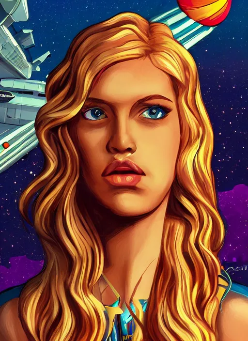Image similar to young Plejaden woman with wavy blonde hair in a retro spaceship with large windows, detailed digital art, trending on Artstation